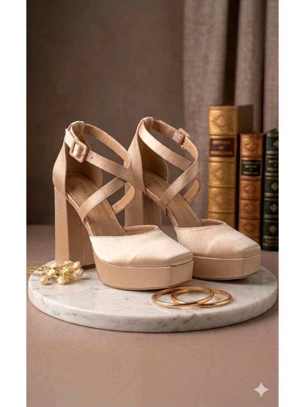 Block Heel Satin Platform Shoes With Cross-Strap Design Elegant Champagne Evenin